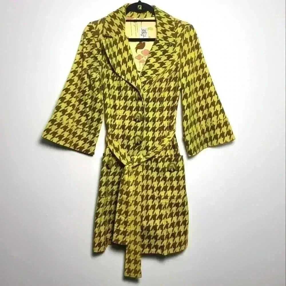 Ivy Jane RARE Vintage Houndstooth Coat In Muted Lime & Earth Brown With Belt XS